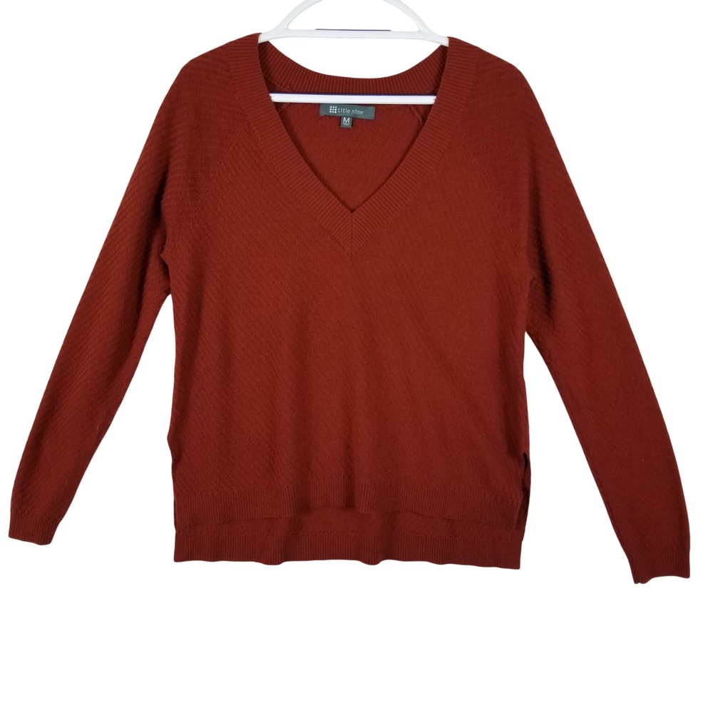 Title Nine Womens Extrafine Merino‎ Wool V-Neck Sweater Rust Red Textured Medium